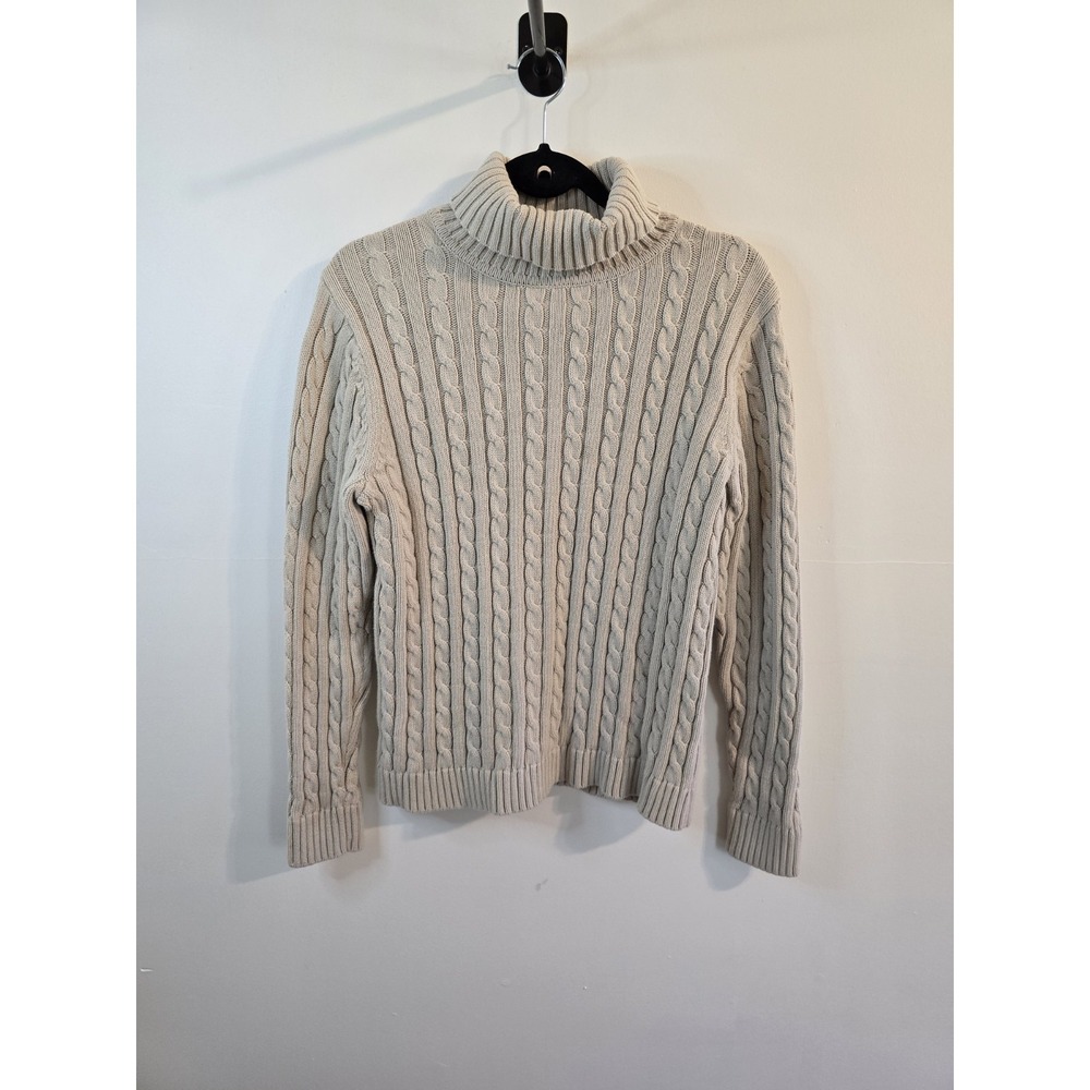 LL Bean Sweater‎ Cable Knit Turtleneck Womens Sz L Fisherman New England Staple